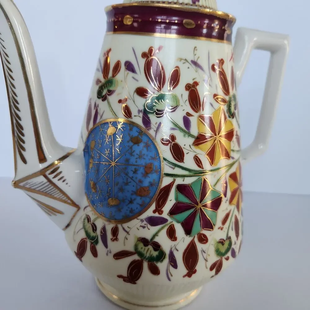 Antique 20s German Handpainted Chocolate Coffee Pot Gilt Floral Art Deco